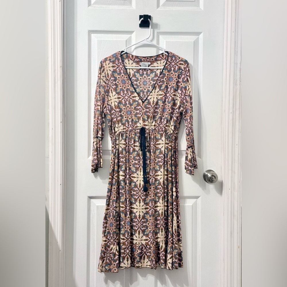 Back From Bali SUMMER Brown, Cream and Lavender Floral Midi Dress